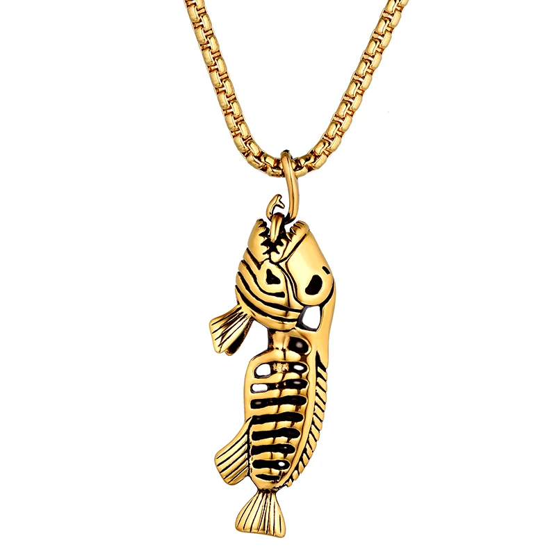 Punk Fish Bone & Fishing Hook Pendant Necklace For Men Gold Color Stainless Steel Jewelry Mens