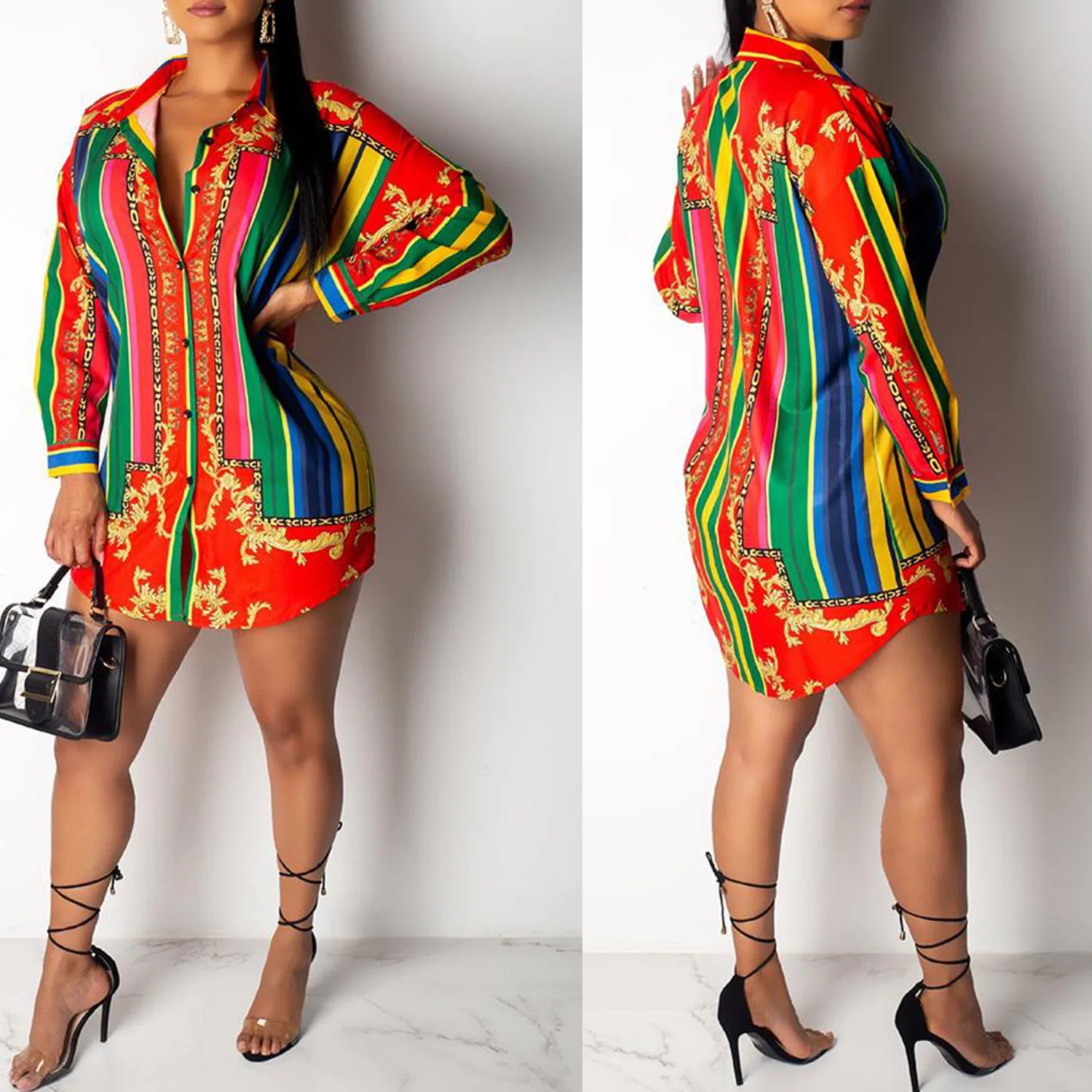 

Fashionable New European and American Women's Dress Printed Shirt V-neck Ironing Drill Top Spring Dress