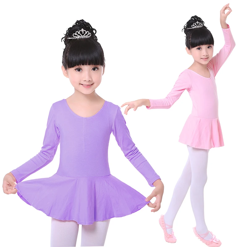 Розовый, 4 цвета, хлопковое балетное трико с длинными рукавами, детское балетное платье-пачка с круглым вырезом для девочек, платье-пачка для балета, танцевальное платье
