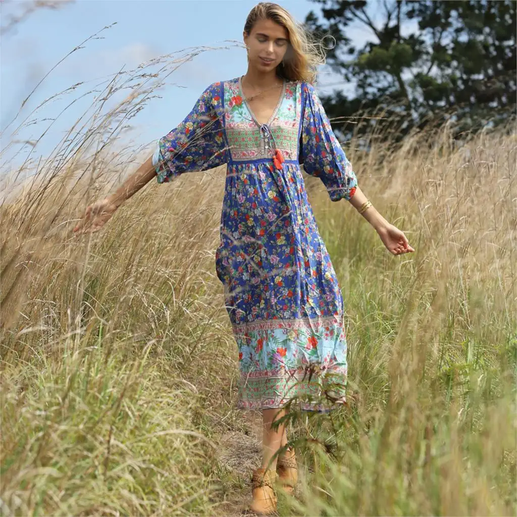 

Jastie Floral Print Boho Dress Lace up V-Neck Dresses Long Sleeve Spring Summer Dress Beach Casual Midi Dresses Female Vestidos