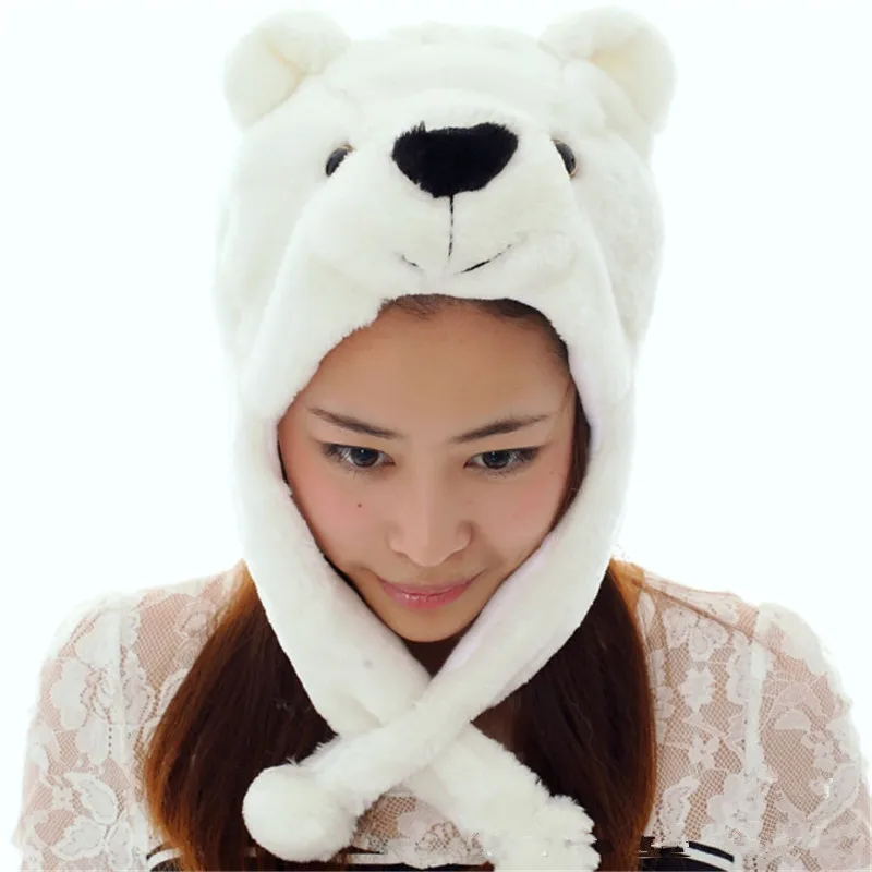 Polar Bear Cartoon Animal Plush Hat Children's Winter Warm Cap Combined Scarf and Glove