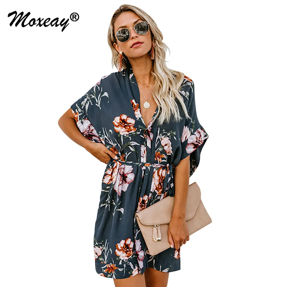 

Moxeay 2019 Women Fashion Fit And Flare Print Casual Short Sleeve Dress Elegant Boho V Neck Floral Print Dress With Belt Vestido