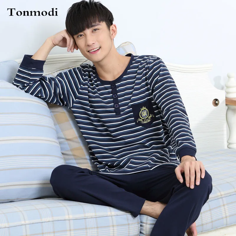 Pajamas Men Spring And Autumn Mens Pyjamas Cotton Stripe Pajamas Long