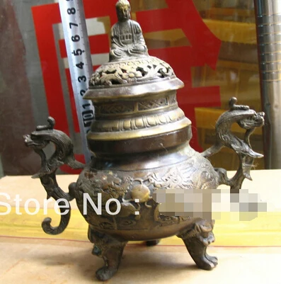 

Fast shipping Collectibles Elegant Buddha 2 dragon totem censer Incense Burners bronze statue
