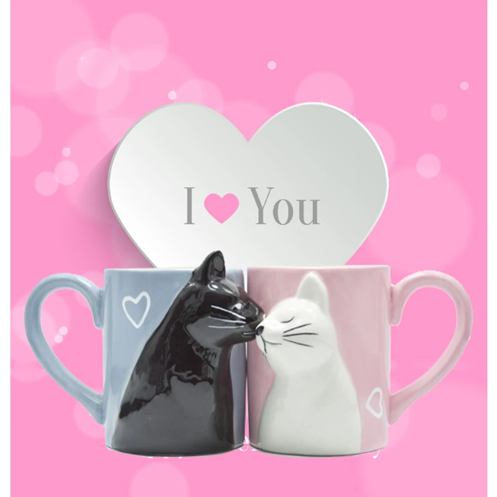 2-PCS Kiss Cat Coffee Couple Handmade Mug, Funny Tea Ceramic cup set for Bride and Groom, Matching Gift for Engagement Wedding