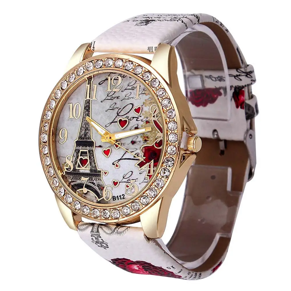 

Women PU Leather Band Watches Eiffel Tower Crystal Love Heart Casual Quartz Wristwatch Gifts TT@88