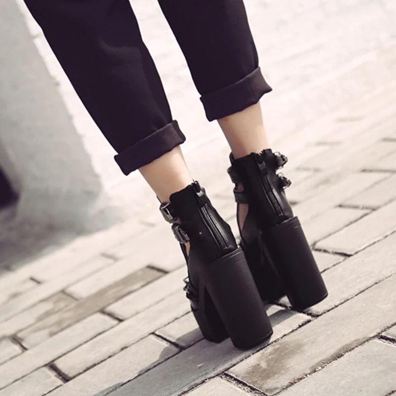 Calzado De Punk Botas Para Con Cremallera Moda Tobillo Alto Black Alto Zapatos Cadena Metal Sexy Tacón Mujer qHS16S