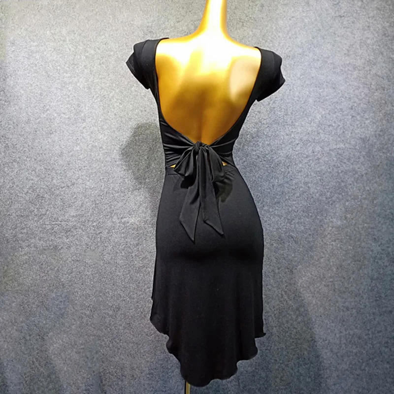 Цветное модальное платье для латинских танцев es для женщин/женщин, сексуальное платье для танцев на спине, платье для Фламенго, танго, конкурентное платье для латинских танцев VDB482 - Цвет: Black Dress