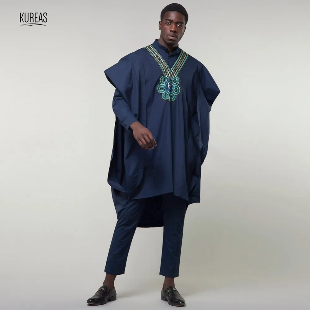 Kureas африканская Дашики мужской костюм Agbada 3 шт. комплект синий Boubou Африка одежда с широкими рукавами халат формальный наряд