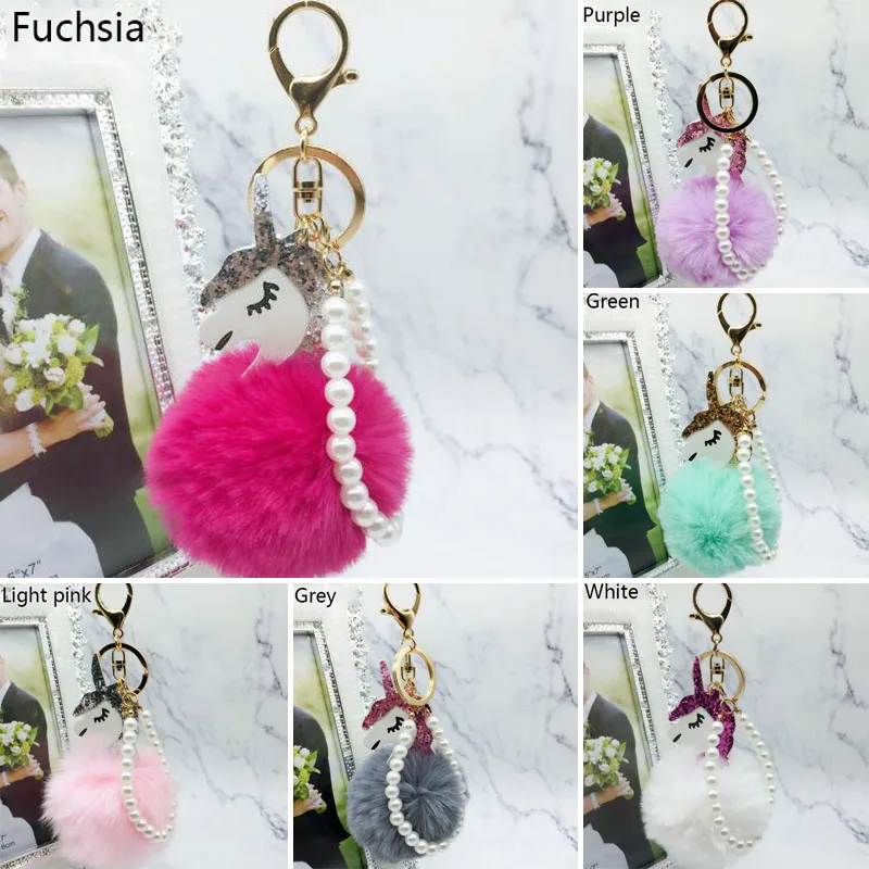 Unicorn Pom Sequin Keychain Pompoms Rabbit Fur Ball Pearl Key Chain Women Bag Car Keyring Porte Clef Holder Fluffy Pom Pom