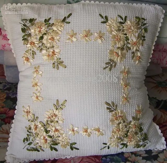Wholesale Finished Handmade Ribbon embroidery pillow cushion cover