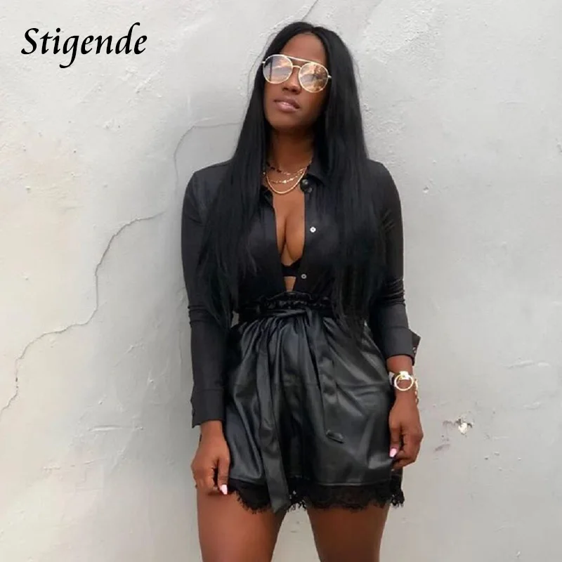 Stigende Sexy Women Black Faux Leather Two Piece Skirt Sets Pu Leather Long Sleeve Top 2 Piece Outfit Sets Casual 2pc Skirt Sets