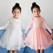 Осенне-зимнее платье принцессы для девочек, плотные кружевные платья с жемчужинами для дня рождения, свадьбы, выпускного вечера, платья с длинными рукавами для детей 2, 4, 6, 8, 10, 12 лет