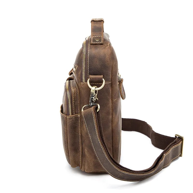 Soft face solid color wear Cow Leather men bags retro three-dimensional design crazy horse leather men's shoulder Messenger bag