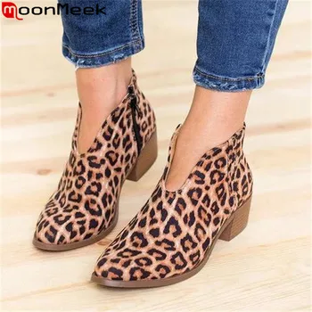 

MoonMeek 2020 new ankle boots for women round toe zip square high heels shoes flock ladies prom shoes women boots big size