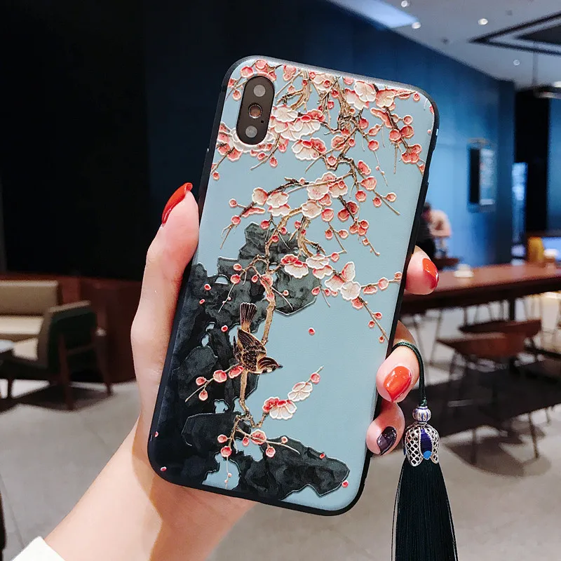 Китайский стиль тисненый чехол для телефона с кисточкой для iPhone 11 Pro Max XS MAX XR мягкая задняя крышка для iPhone X 8 7 6S 6 Plus Coque - Цвет: 14