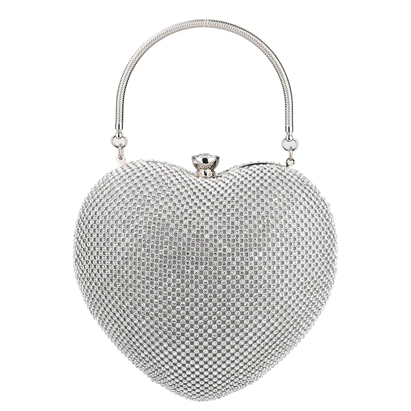 

Heart Shaped Diamonds Women Evening Bags Chain Shoulder Purse Day Clutches Silver Evening Bags For Party Wedding