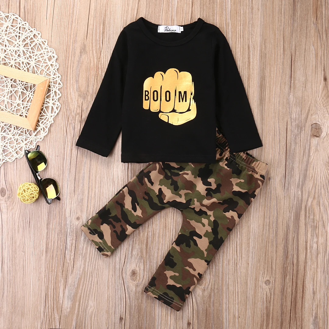 2pcs Camouflage Baby Boy Long Sleeve T shirt+Pants Trousers Outfits
