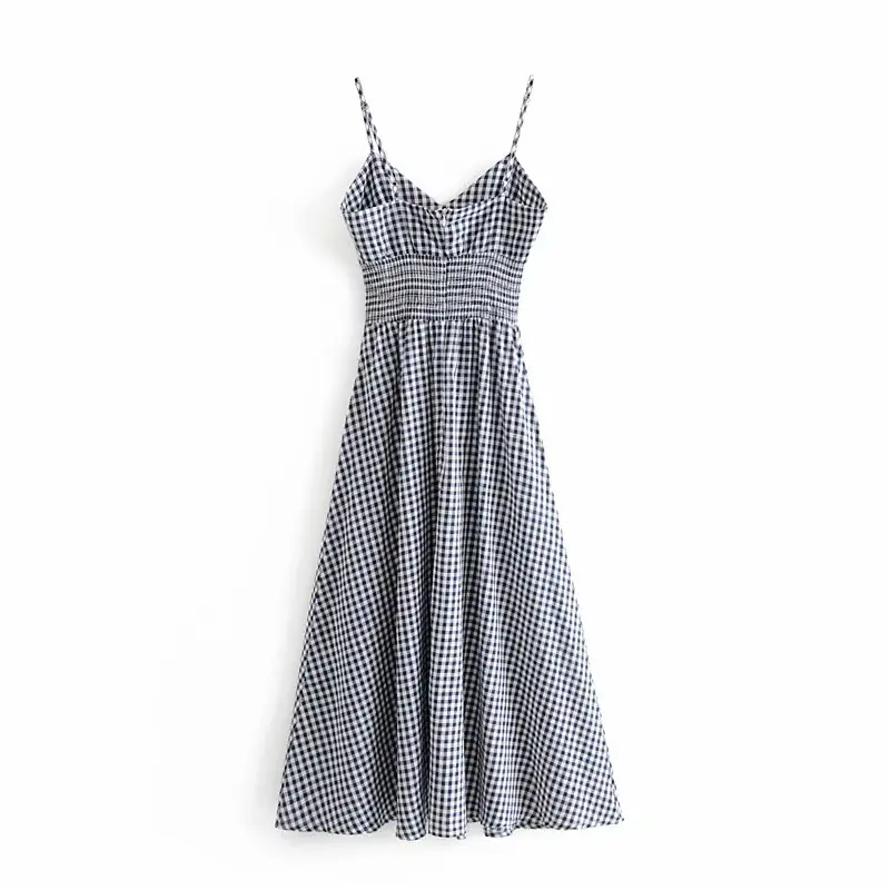 Plaid Sling Linen Dress Women Summer Women Casual V-Neck Short Dress A-Line Slim Female Sundress College Style