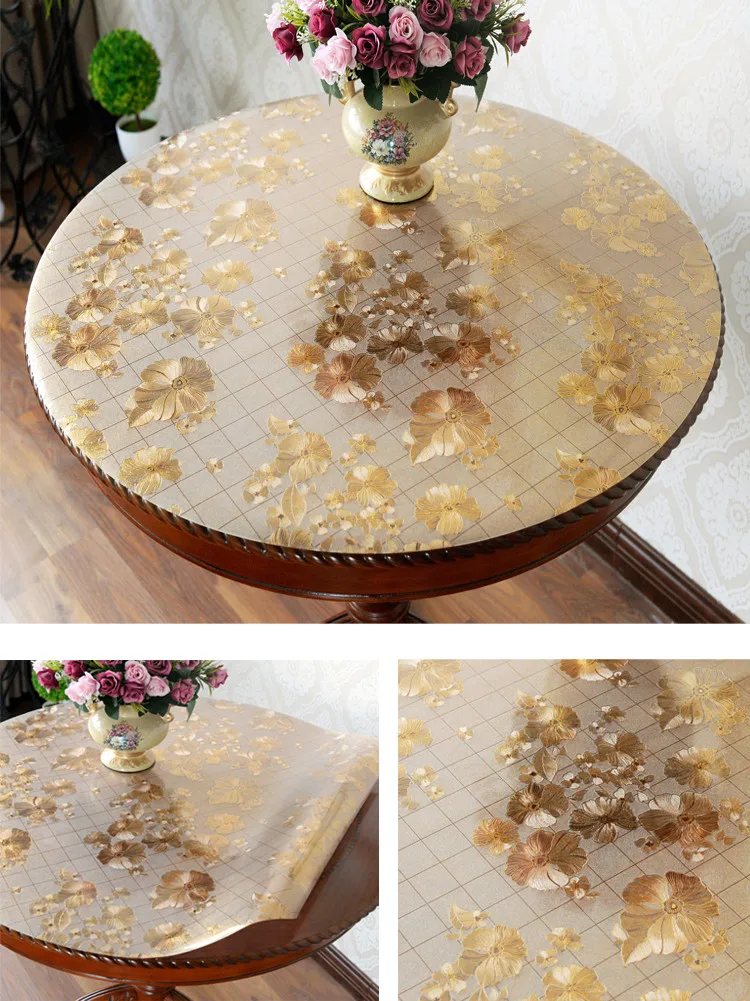 Заказной круглый ПВХ водонепроницаемый прозрачный коврик для стола круглый обеденный стол ткань Золотой цветной скатерть мягкое стекло маслостойкое покрытие стола