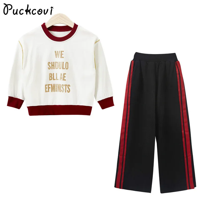 

Puckcovi Girls Clothing sets Cotton kids sports suit Infantis menina Loose Casual set for girl Tshirt and wide-leg pants suits