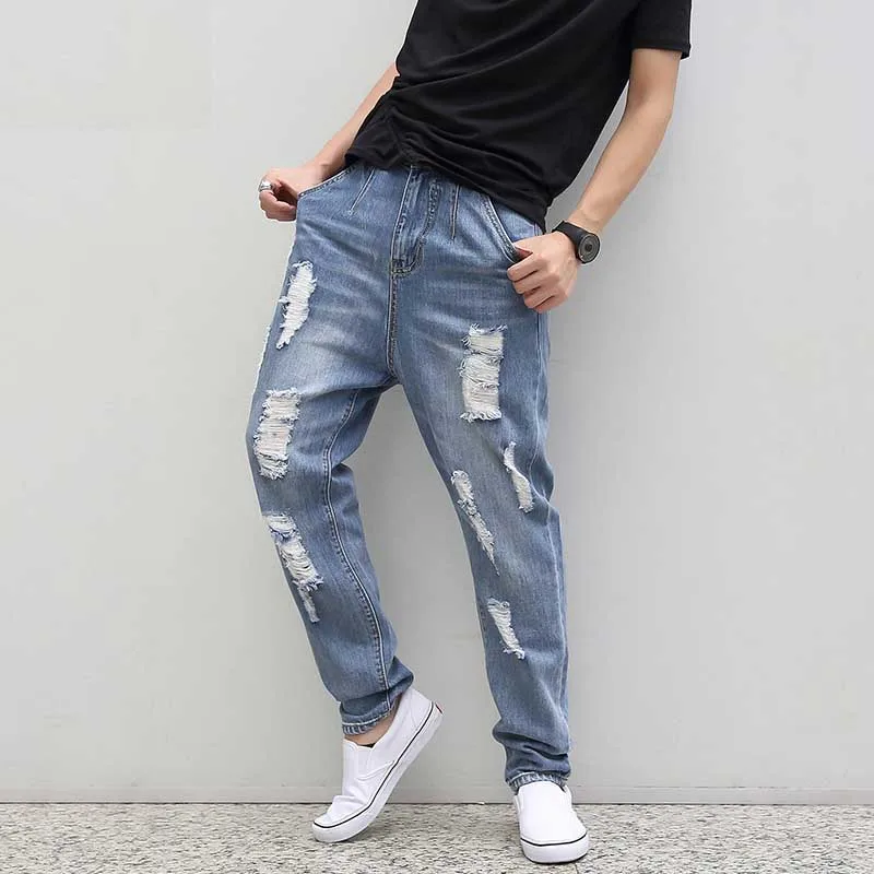 Causal Plus Size Ripped Jeans For Men Loose Hole Harem Jeans Light Wash