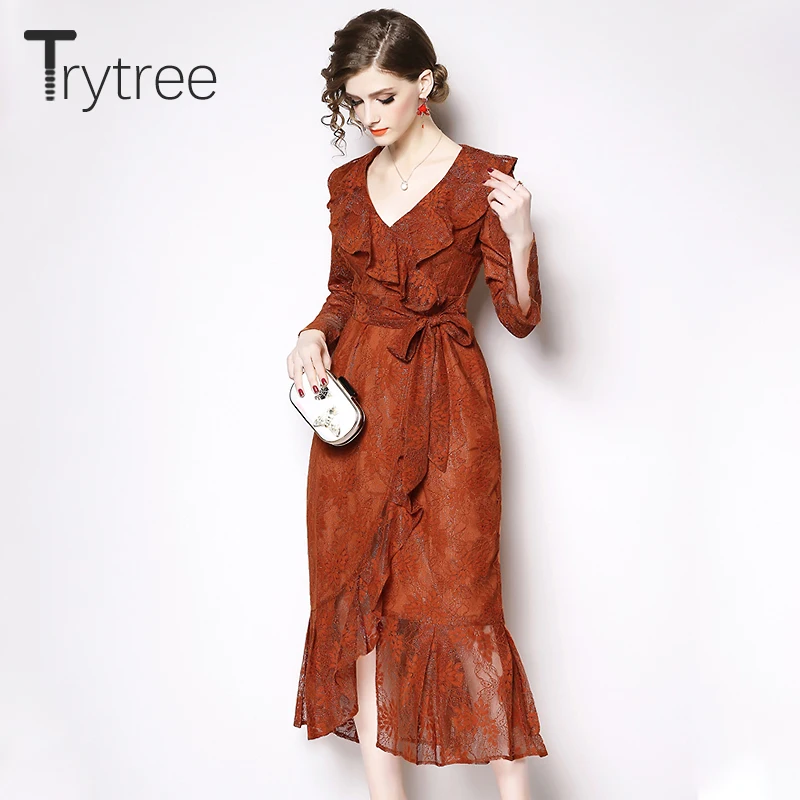 Trytree 2019 весеннее платье элегантное женское с бантом и поясом гофрированное