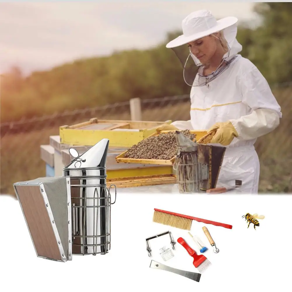 8 In 1 Beekeeping Tool Kit Galvanized Sheet+Board Bee Smoke Transmitter Kit Bee Hive Smoker Brush Scraper Tools