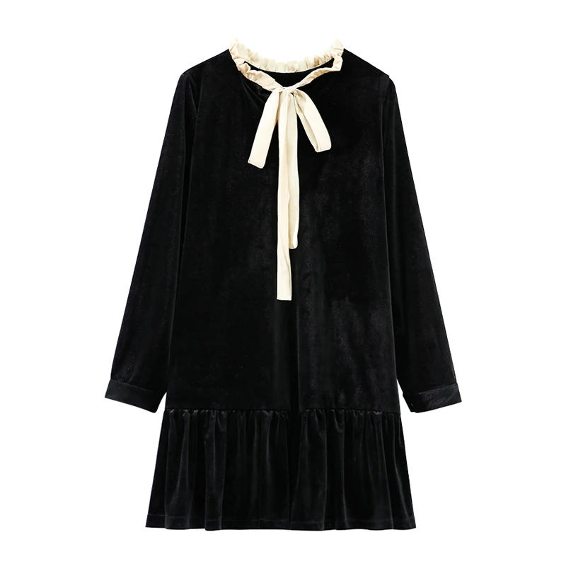 

PERHAPS U velvet bow black long sleeve loose mini short dress solid stand collar autumn winter elegant vintage retro D0832