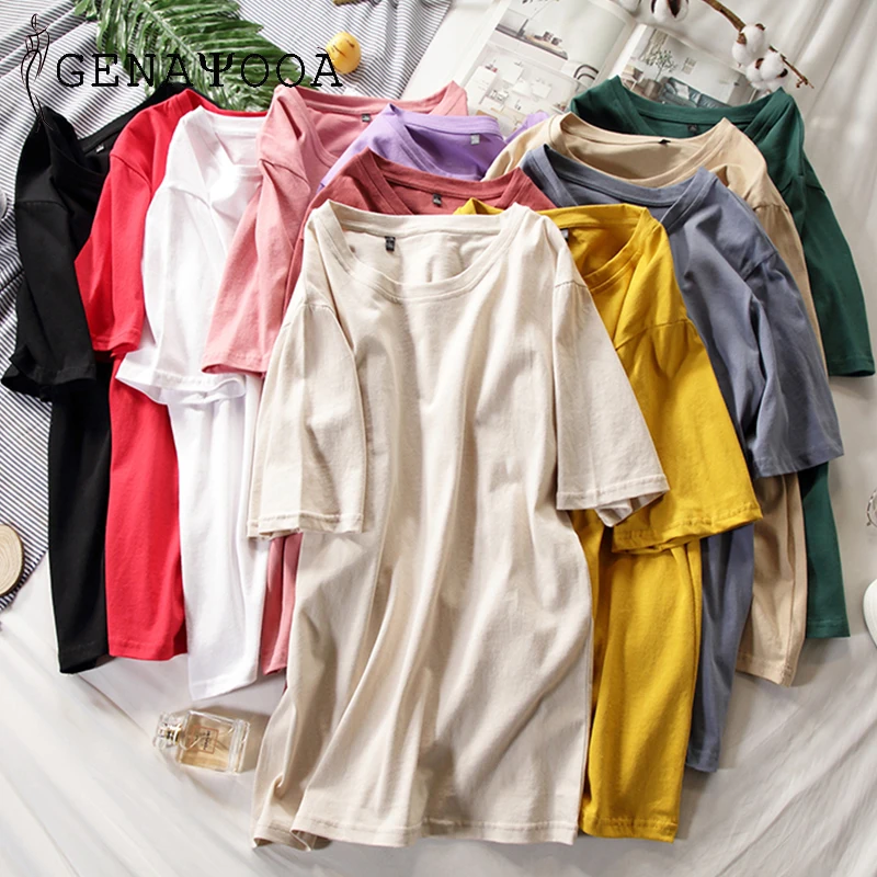 Genayooa 13 الألوان عالية الجودة T قميص المرأة القطن 100% يا الرقبة حجم كبير تي شيرت المرأة زائد حجم 2019 المتناثرة الصيف قمم المحملات
