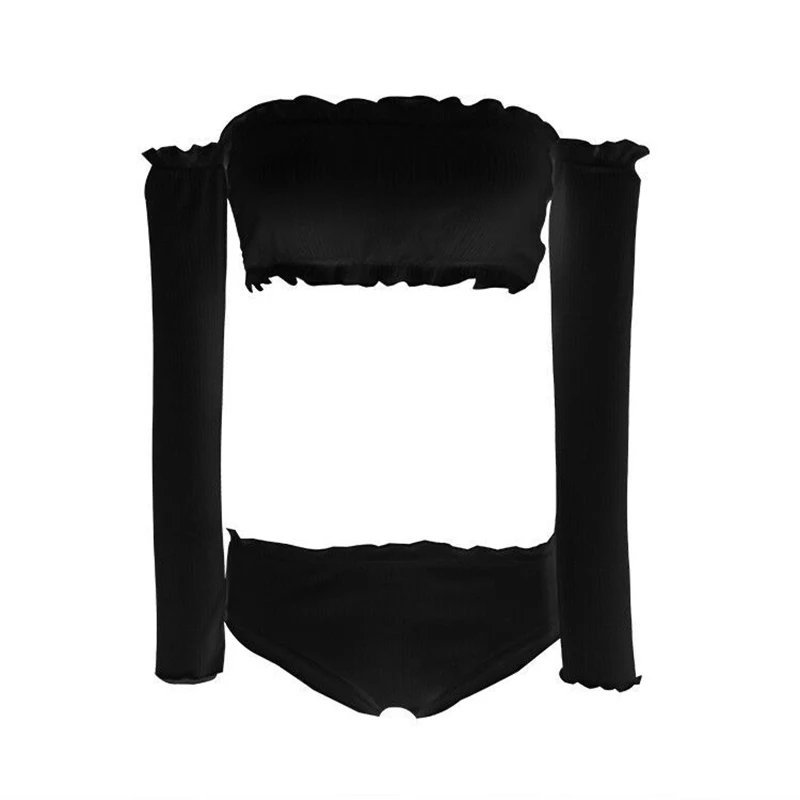 Two-Piece Solid Off Shoulder Long Sleeves Bikini Young Girls Ruffled Low Waist Sexy Swimwear Bikini Beachwear Bathing Suit  (2)