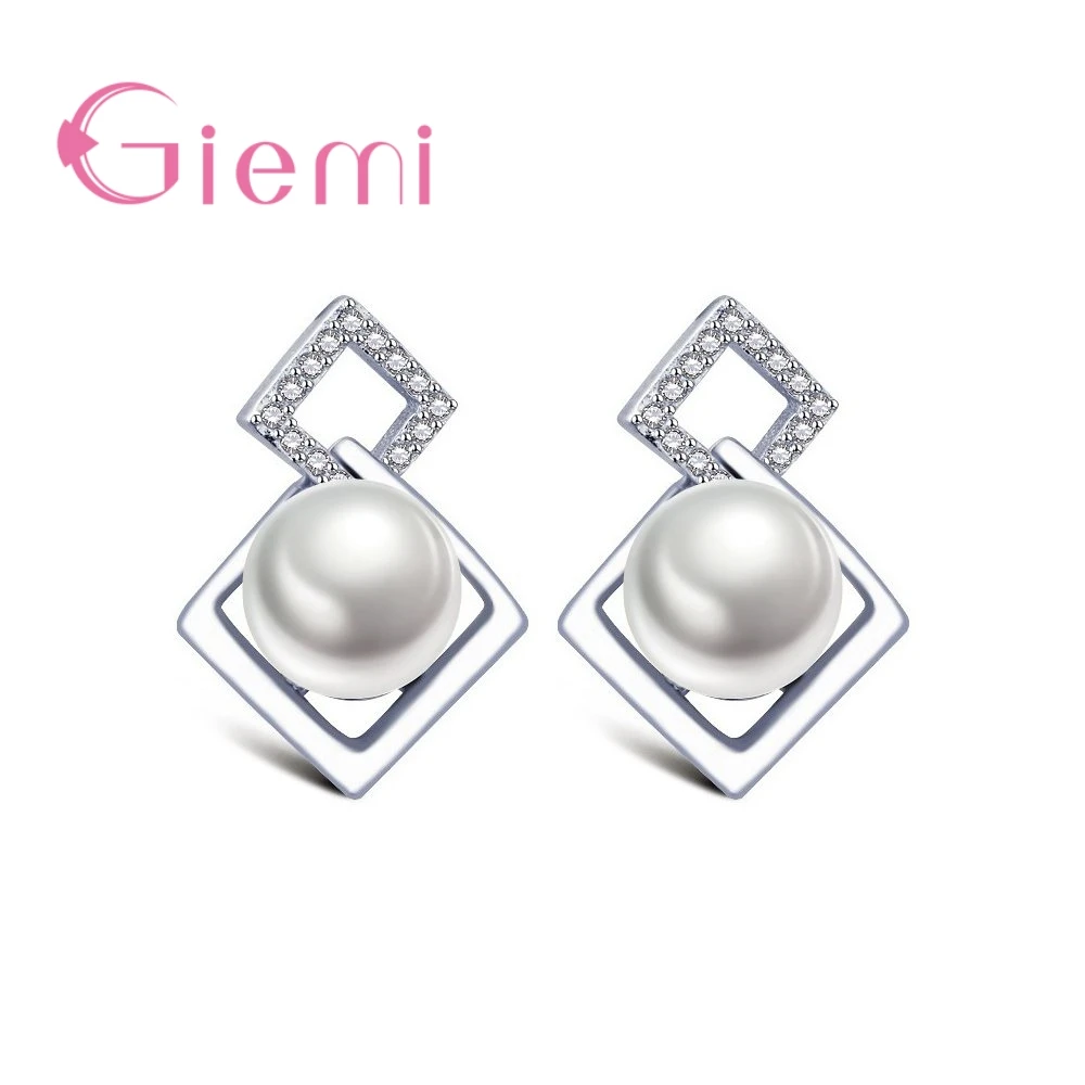 

GIEMI Women Present Lose Money Promotion Hot Sell Rhombus Shape White Pearl Cubic Zircon 925 Sterling Silver Stud Earrings