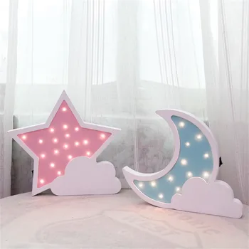 

INS Hot Cartoon Star Moon Night Light LED Wood Wall Lamp Wireless Battery Kids Children Room Decoration Wall Lights Fixture Gift