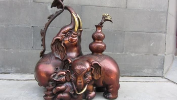 

Chinese Red Bronze Copper Lucky Auspicious Ru Yi gourd Three Elephant Statue