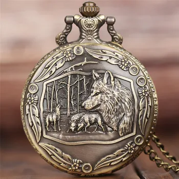 Half Hunter Retro Cool Bronze Wolf Watch Men Quartz Pocket Watches with Chain New Arrival Fashion Pendant Clock Gift Children retro bronze men fashion pocket watch national austria the double eagle chain necklace quartz full hunter emblem clock male