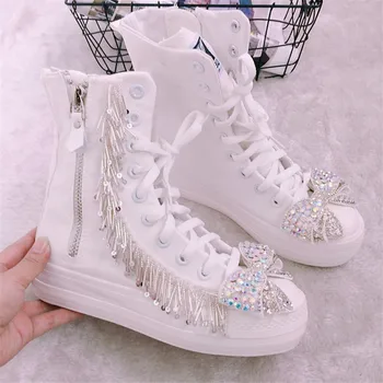 

Spring and Autumn New Thai Chao Brand Handmade Bead-tassel Butterfly Knot Sweet High-Up Flat-soled Thick-soled Canvas Shoes