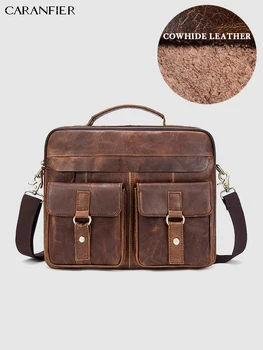 

CARANFIER Mens Briefcases Business Documents Bags Genuine Cowhide Leather Messenger Handbags Vintage Crazy Horse Shoulder Bags