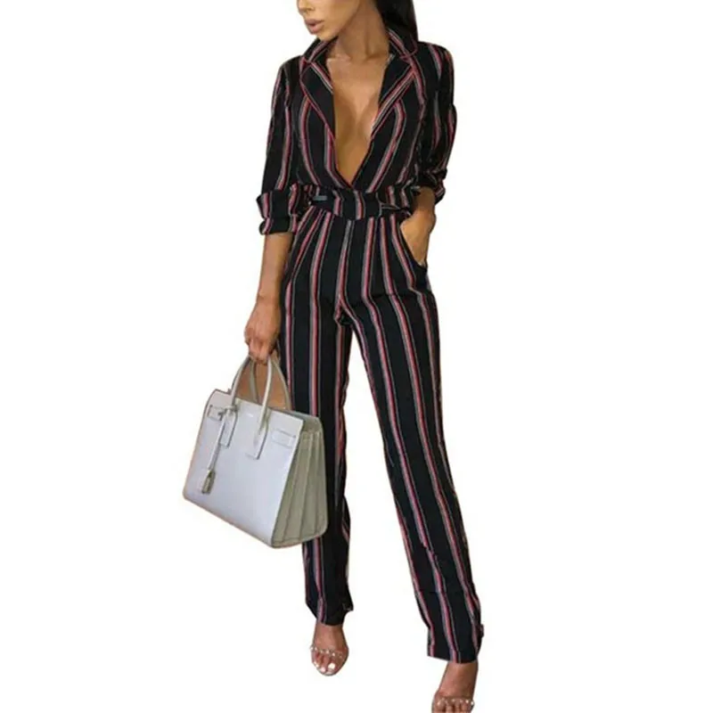 

Autumn 2019 Fashion Women's Striped Jumpsuits Elegant OL Office Work High Waist Belt Pants Sexy Deep V-Neck Long Sleeve Rompers