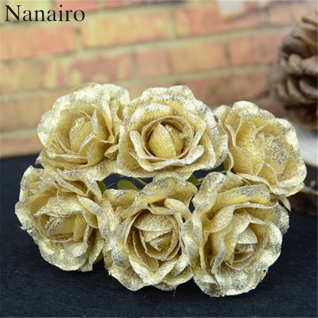 42 PCS Sprayed Gold Silk Rose Artificial Flower Bouquet For Wedding