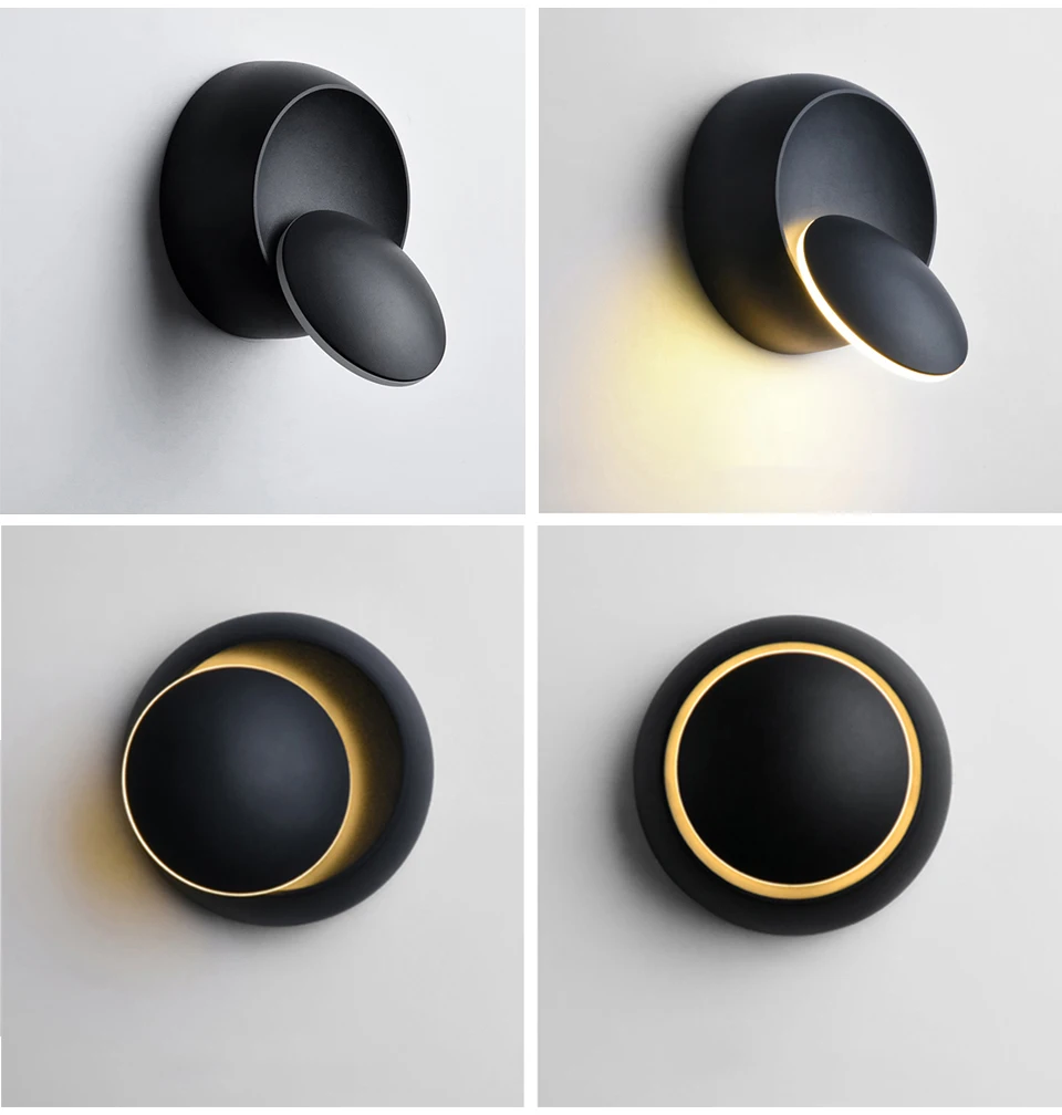 YooE внутренний светодиодный настенный светильник с поворотом на 360 градусов, регулируемый прикроватный светильник, белый, черный, креативный настенный светильник, черный, современный, круглый