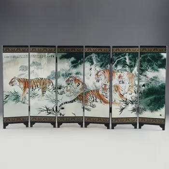 

CHINESE LACQUER OLD HANDWORK PAINTED FIVE BLESSING TIGER "SIX FOLD SCREEN DECO"