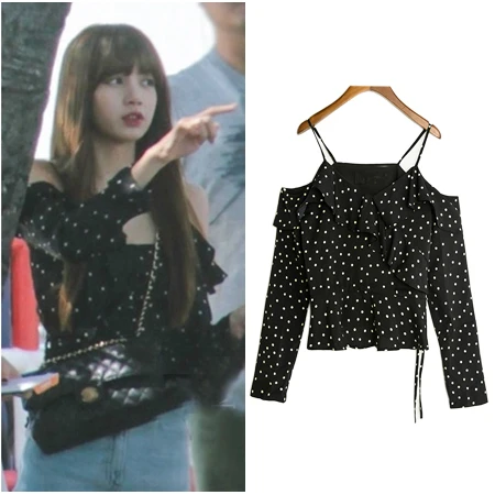 

kpop BLACKPINK retro Small fresh Sling chiffon shirt off-shoulder short-sleeved shirt women summer korean kawaii female clothes