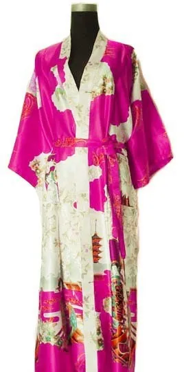 Темно-синий китайский женский шелковый халат кимоно банное платье Ночная рубашка Размеры S M L XL XXL XXXL W2S002 - Цвет: hot pink