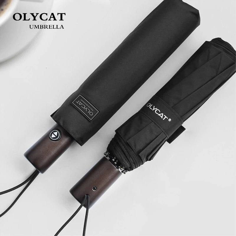 

OLYCAT New Arrival Automatic Men Umbrella Three Fold Wooden Handle Black Coating Sun Folding Umbrellas 10K Windproof
