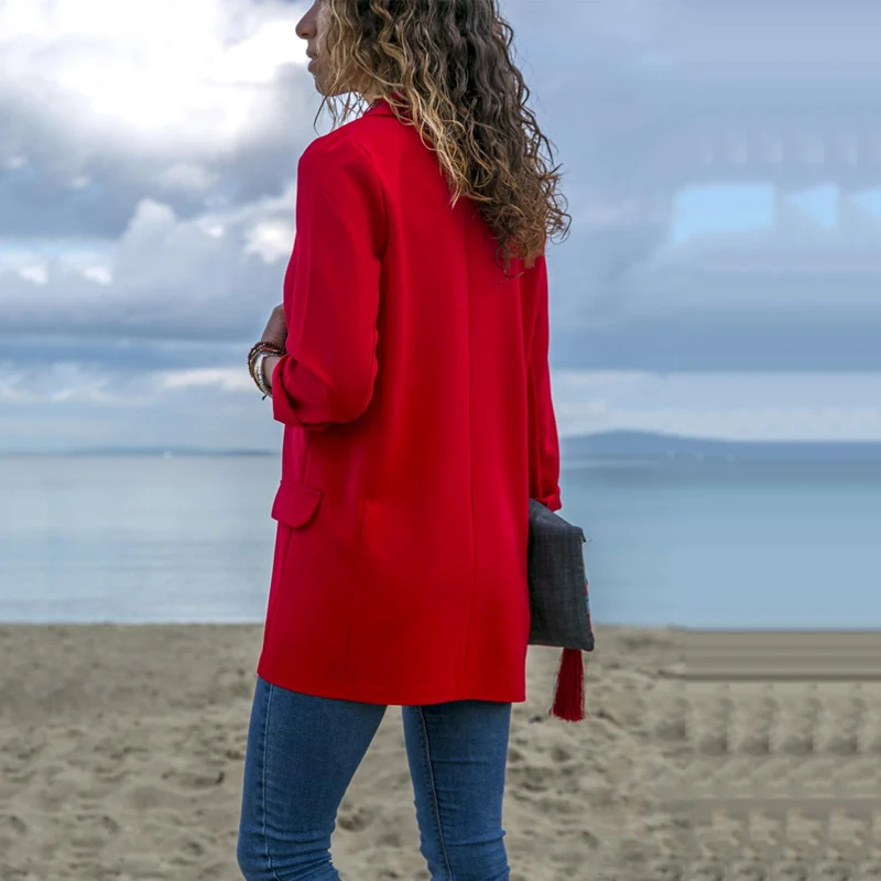 Lossky Women Blazers Autumn Spring Long Sleeve Turndown Collar Pocket Decoration Office Outfits New Casual Black Red Blazer Coat