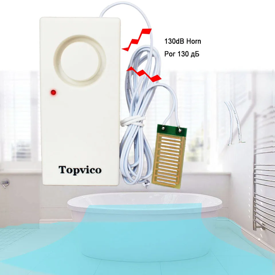 Topvico утечки воды сенсор детектор утечки переполнения потока сигнализации обнаружения 130dB + светодио дный LED низкая батарея оповещения дома