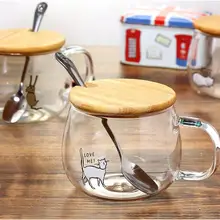 Высококачественная двухслойная стеклянная чашка, сок стеклянная кружка Цветочная чайная чашка кошка дизайн сок чайная кружка с ложкой