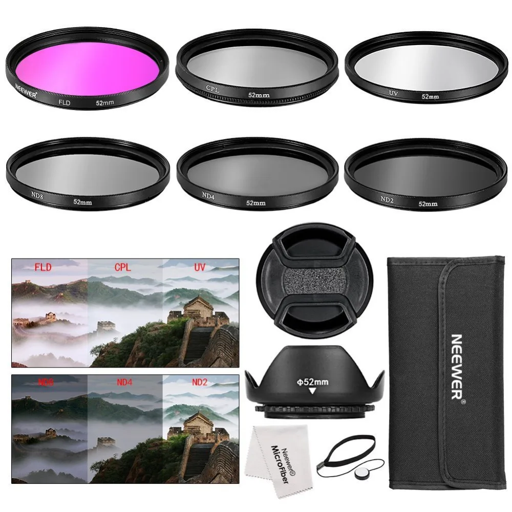 

Neewer 52MM Camera Lens Filter Accessory Kit:52MM Filters(UV/CPL/FLD/ND2/ND4/ND8)+Lens Hood+Lens Cap For Canon/Nikon/Pentax/Sony