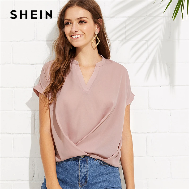 En Ligne SHEIN Rose Élégant Vêtements De Travail Drapé Col En V Col montant À Manches Courtes Solide Blouse D été Femmes Week End Chemise Décontractée Top