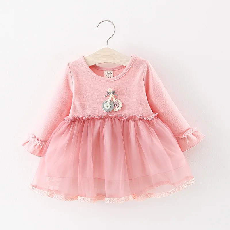 Весенне-осеннее платье с цветочным рисунком для маленьких девочек юбка в сетку с длинными рукавами для малышей корейское платье принцессы платье-пачка для девочек - Color: Pink